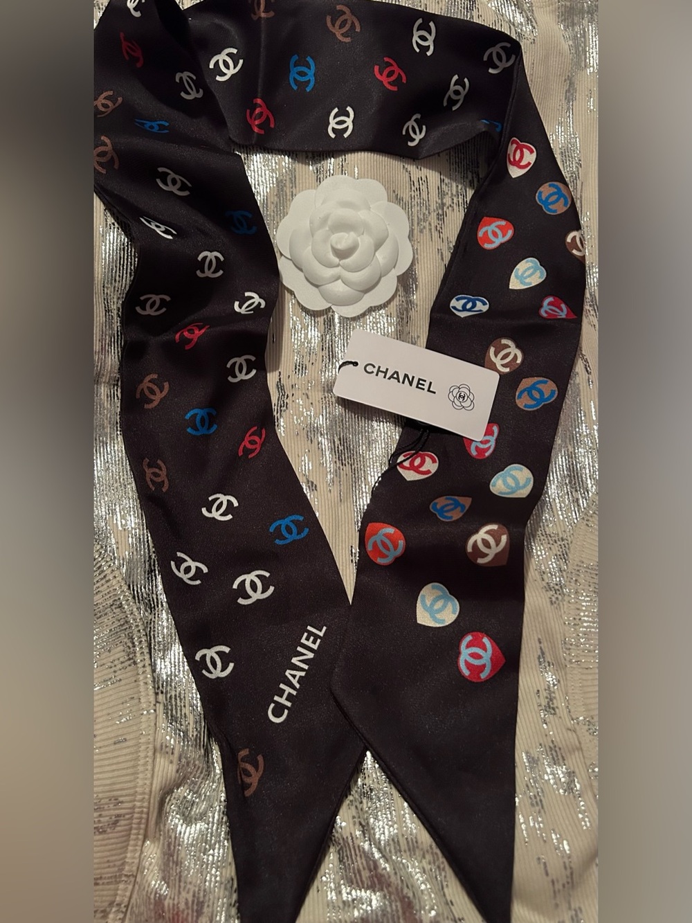 CHANEL Black 100% Silk Twilly Scarf with Beautiful Multicolor CC Logos